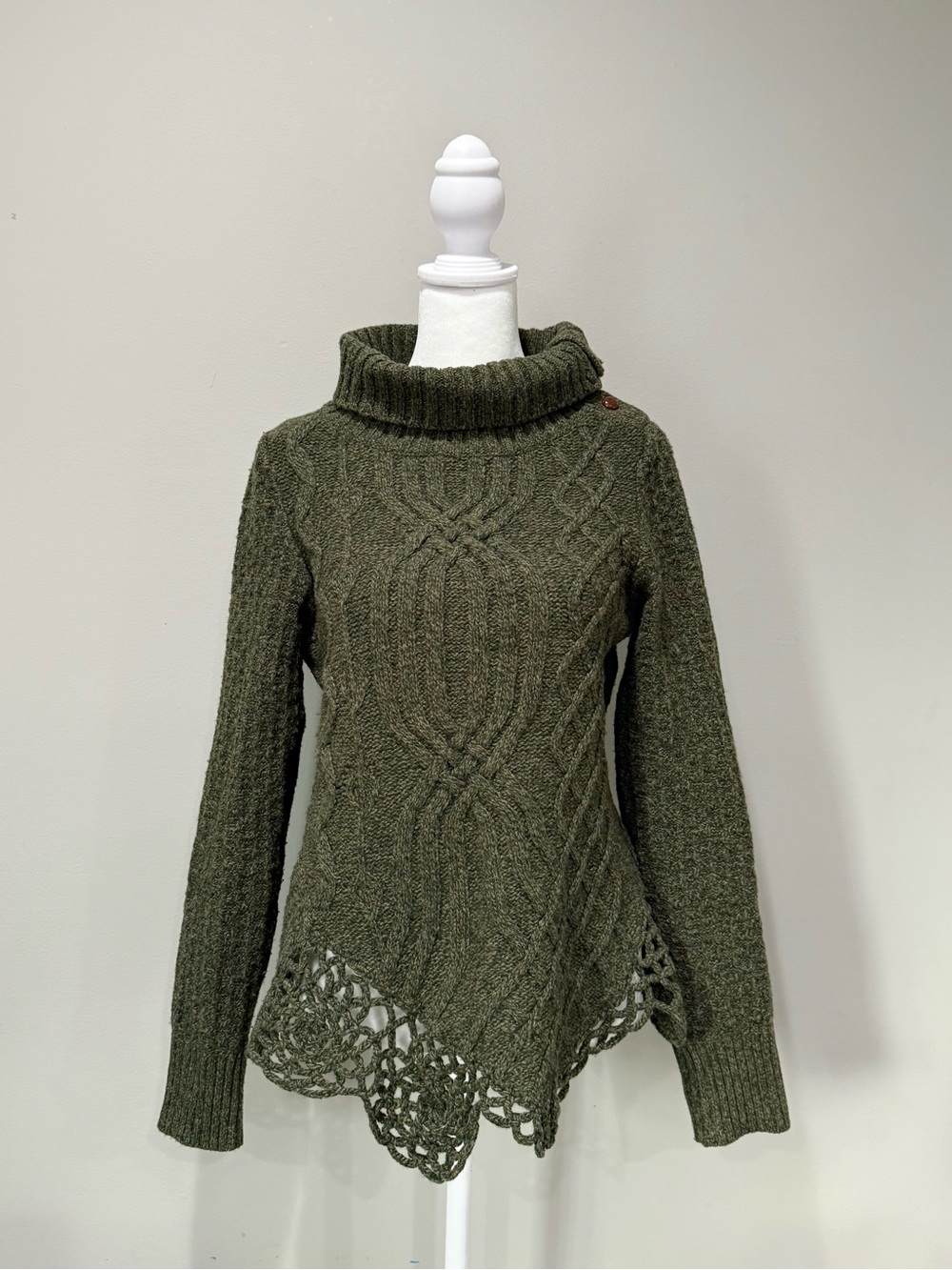 Anthropologie Moth Green Wool Knit Cabled Pathways Pullover Sweater